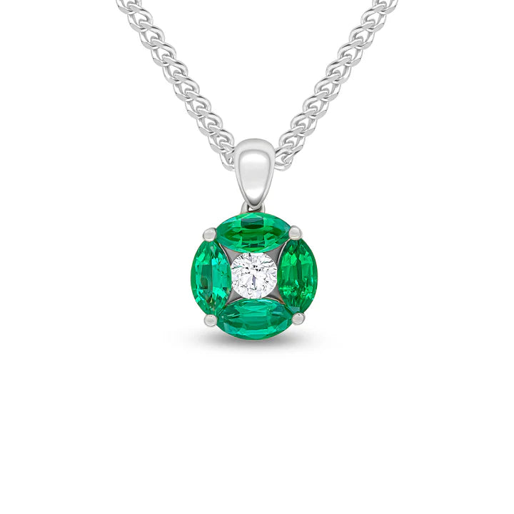 18ct Marquise Emerald and Diamond Cluster Pendant by Harrogate Jewellers, a luxury piece of bespoke jewellery from Yorkshire, perfect for engagement or wedding occasions, crafted in white gold.