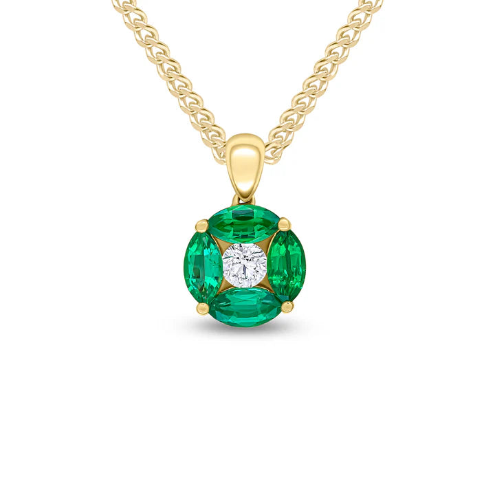 18ct Marquise Emerald and Diamond Cluster Pendant by Harrogate Jewellers, featuring vivid green emeralds and sparkling diamonds in a floral design, crafted in white or yellow gold.