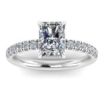 Harrogate Jewellers' MACIE lab-grown radiant cut diamond engagement ring with set shoulders and under halo, made from premium white gold, showcasing in Yorkshire.