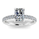 Harrogate Jewellers' MACIE lab-grown radiant cut diamond engagement ring with set shoulders and under halo, made from premium white gold, showcasing in Yorkshire.