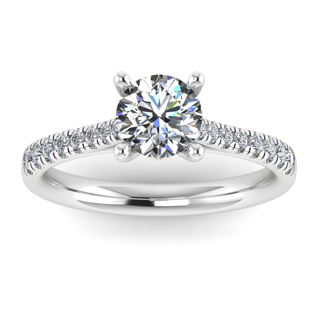 ISLA lab-grown round brilliant cut diamond engagement ring with set shoulders, crafted by Harrogate Jewellers in Yorkshire, set on white gold band, bespoke jewellery.