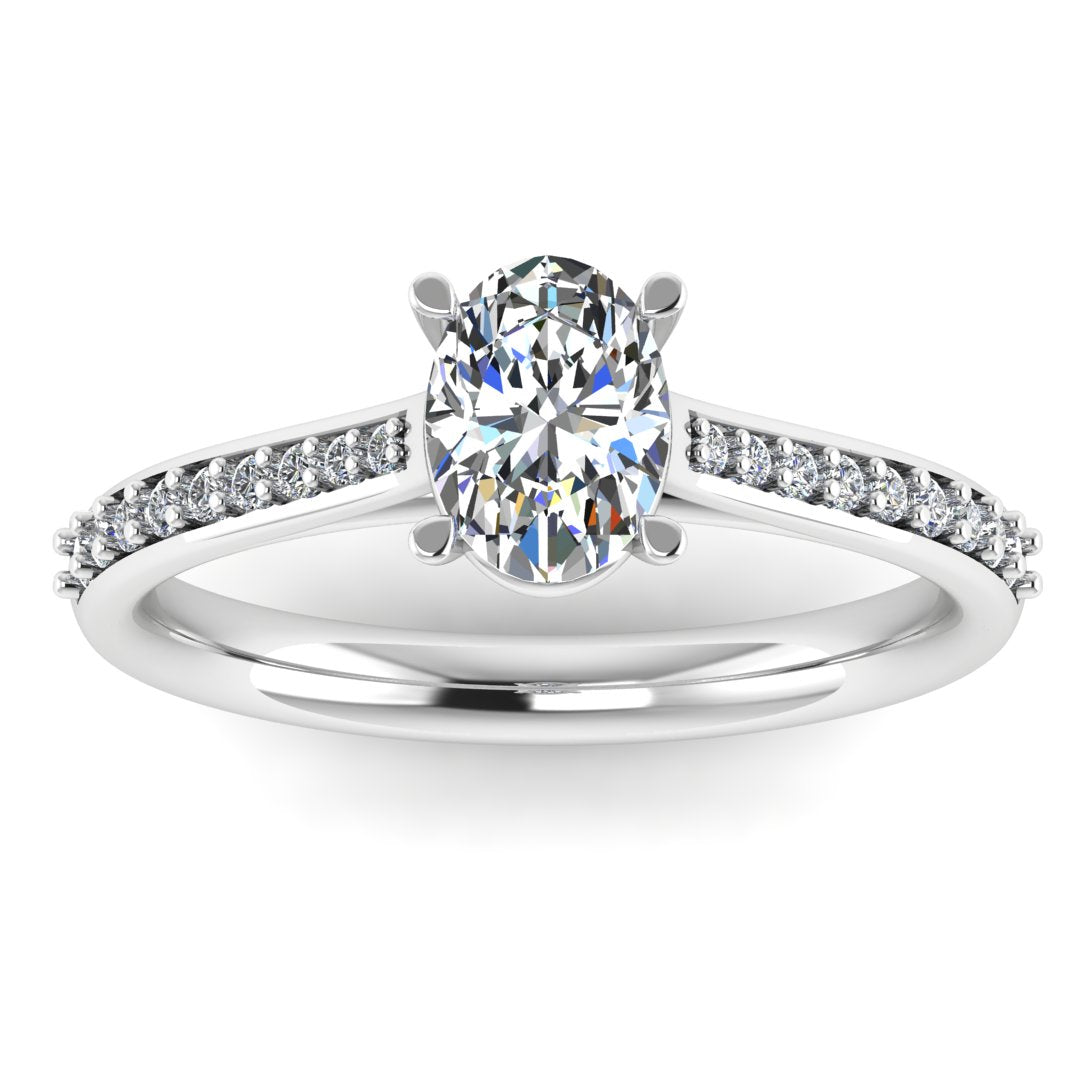 Harrogate Jewellers' lab-grown oval cut solitaire diamond engagement ring with set shoulders in platinum, a Yorkshire bespoke jewellery piece.