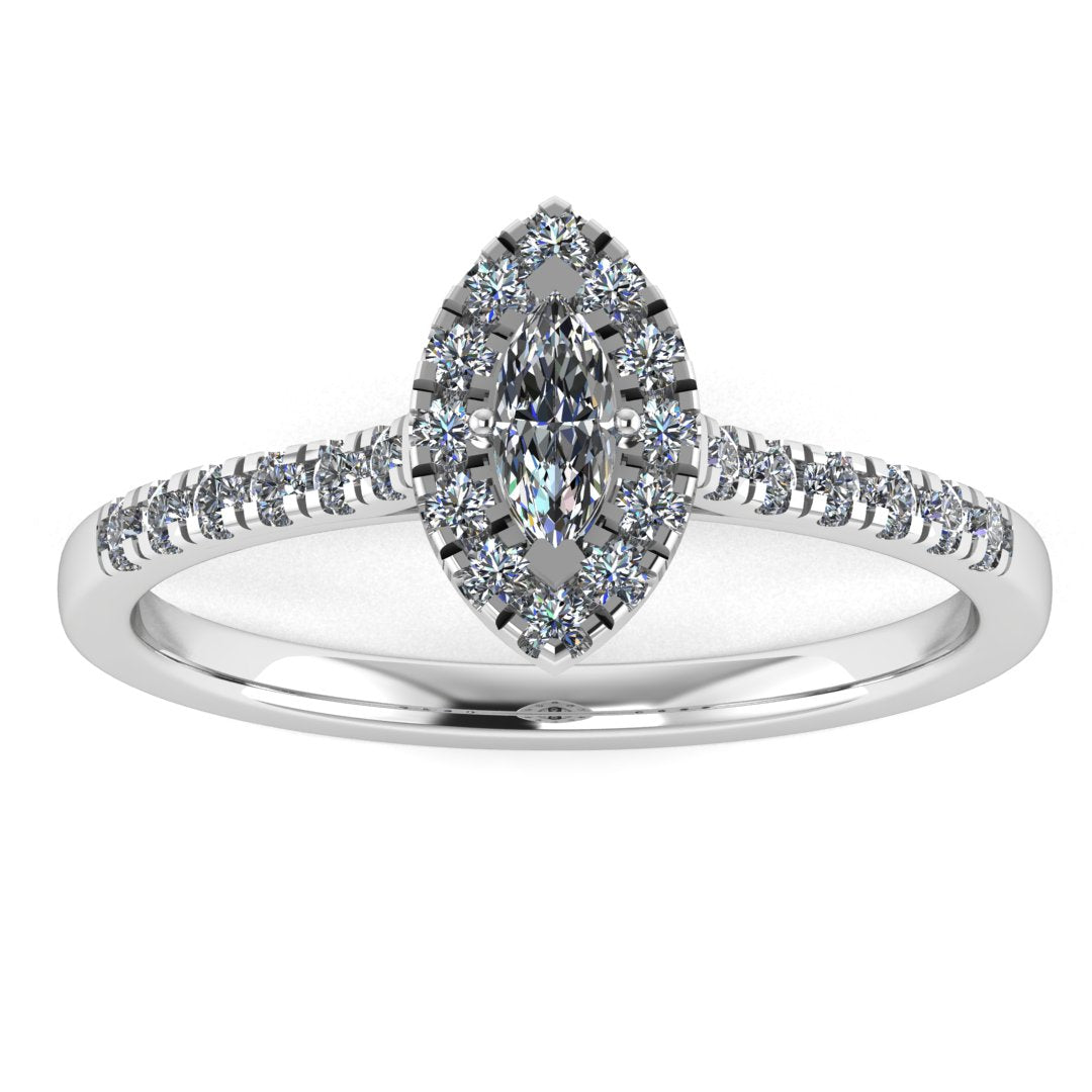 Harrogate Jewellers' DAHLIA lab-grown Marquise cut diamond halo ring, set in platinum with small diamonds on white gold band for bespoke Yorkshire wedding jewellery.
