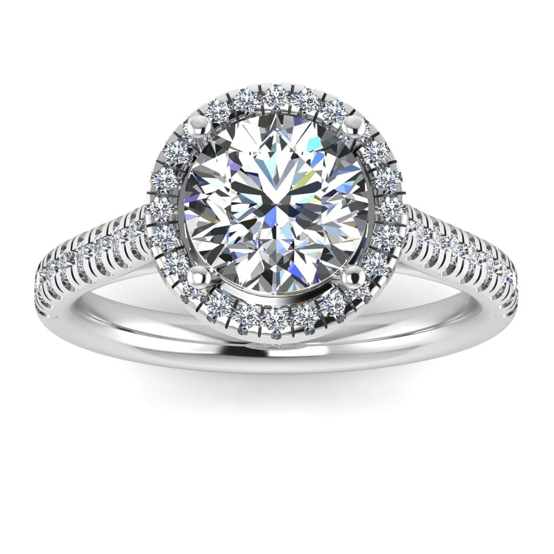 Harrogate Jewellers' DELPHINE engagement ring featuring a lab-grown, round brilliant cut diamond halo in platinum, bespoke jewellery in Harrogate, Yorkshire.
