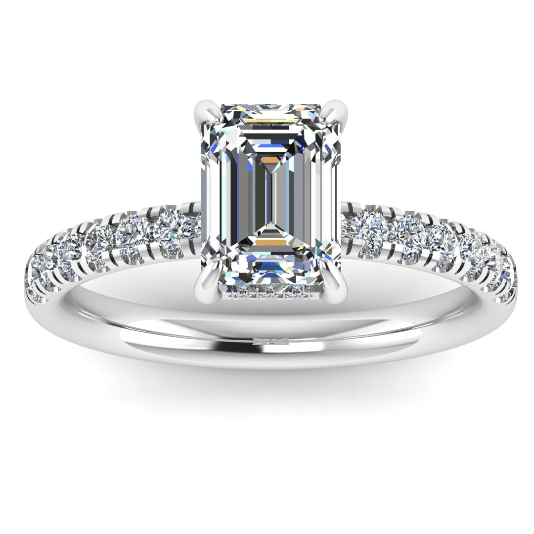 Harrogate Jewellers lab-grown emerald cut diamond engagement ring, adorned with a hidden halo of diamonds on a white gold band.