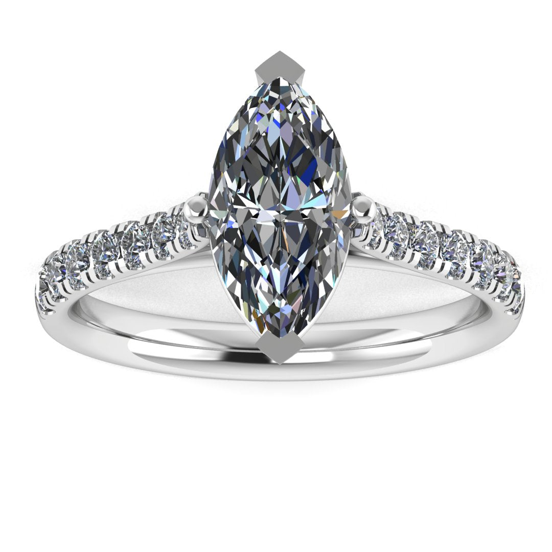 Harrogate Jewellers' FAYE engagement ring with a lab-grown classic marquise cut diamond set on white gold band with diamond shoulders, bespoke jewellery in Harrogate Yorkshire.