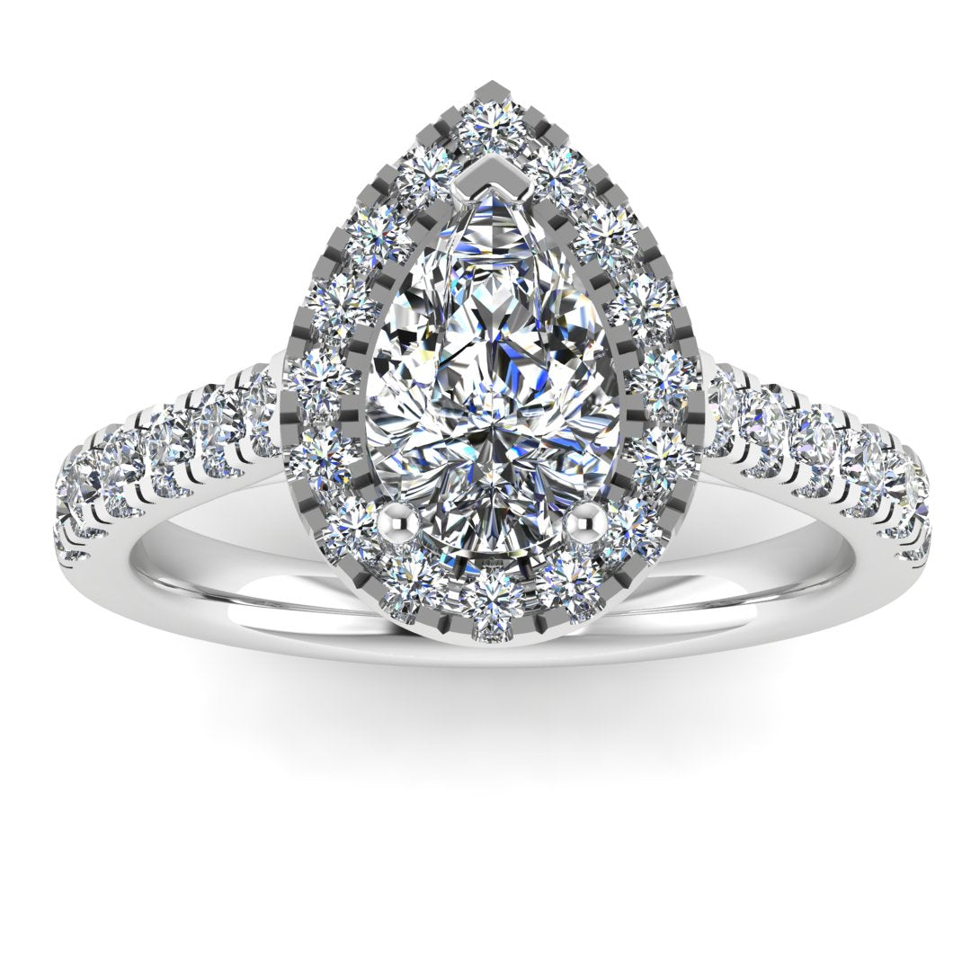Luna lab-grown pear cut diamond halo ring by Harrogate Jewellers, white gold band with small surrounding diamonds, bespoke engagement ring crafted in Yorkshire.