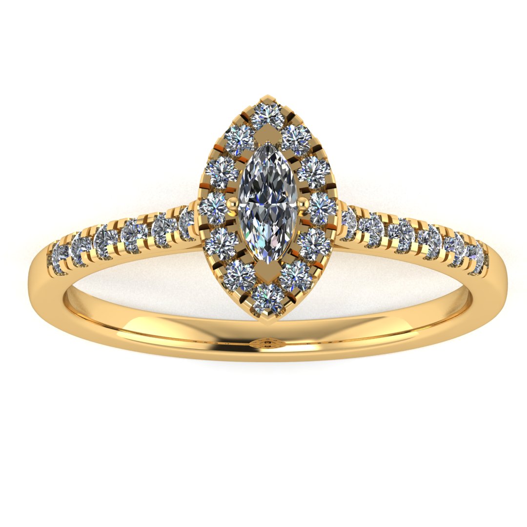 Harrogate Jewellers' DAHLIA lab-grown marquise cut diamond halo ring in white gold, featuring a central diamond surrounded by smaller stones, perfect for engagement or bespoke Yorkshire wedding jewellery.