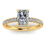 Radiant cut lab-grown diamond engagement ring with diamond set shoulders and under halo, by Harrogate Jewellers, crafted from white gold; bespoke Yorkshire jewellery.