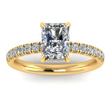 Radiant cut lab-grown diamond engagement ring with diamond set shoulders and under halo, by Harrogate Jewellers, crafted from white gold; bespoke Yorkshire jewellery.