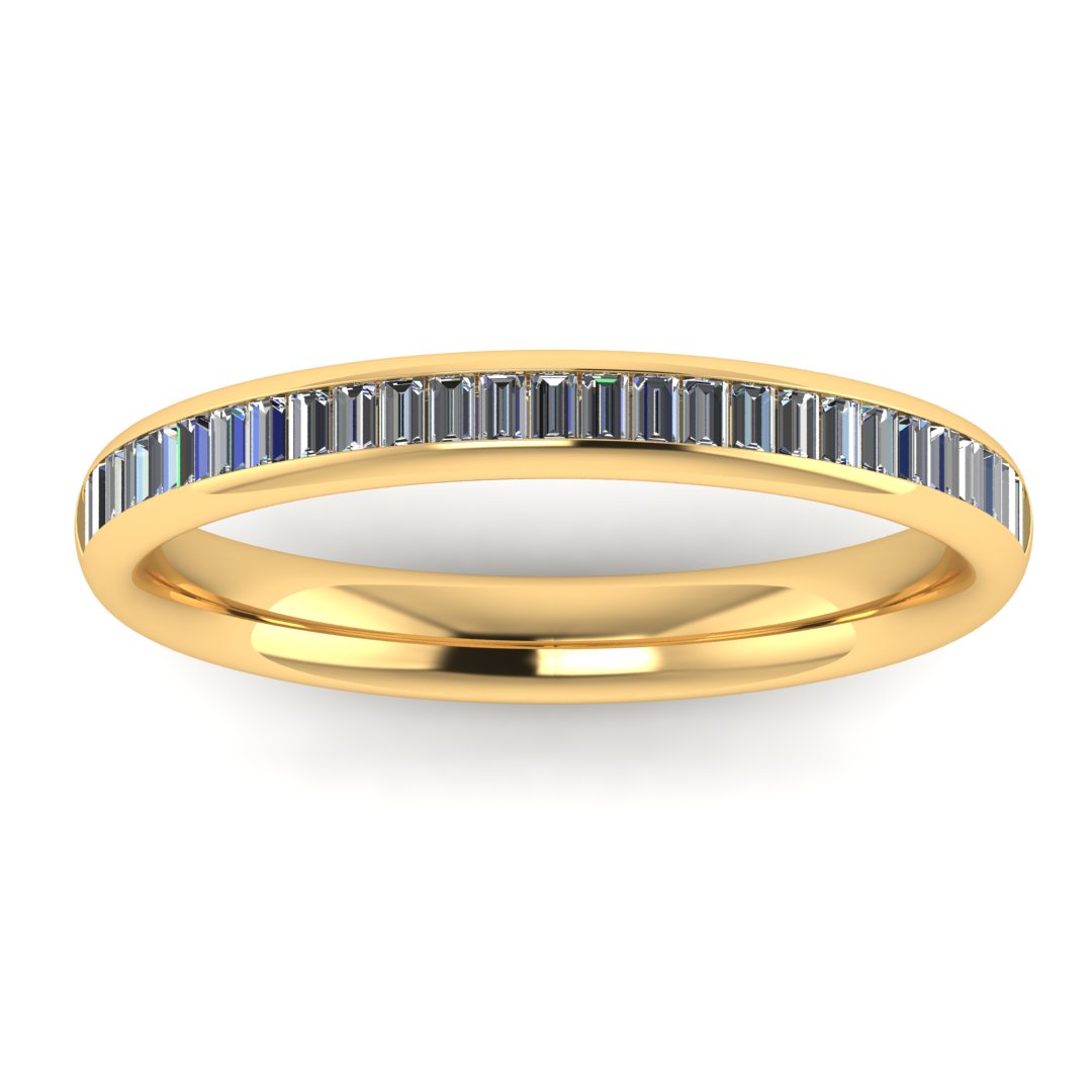Baguette Cut Half Set Diamond Eternity Ring by Harrogate Jewellers, featuring 21 channel set diamonds on an 18ct Yellow Gold, Rose Gold or Platinum band - ideal for weddings or eternity styles.