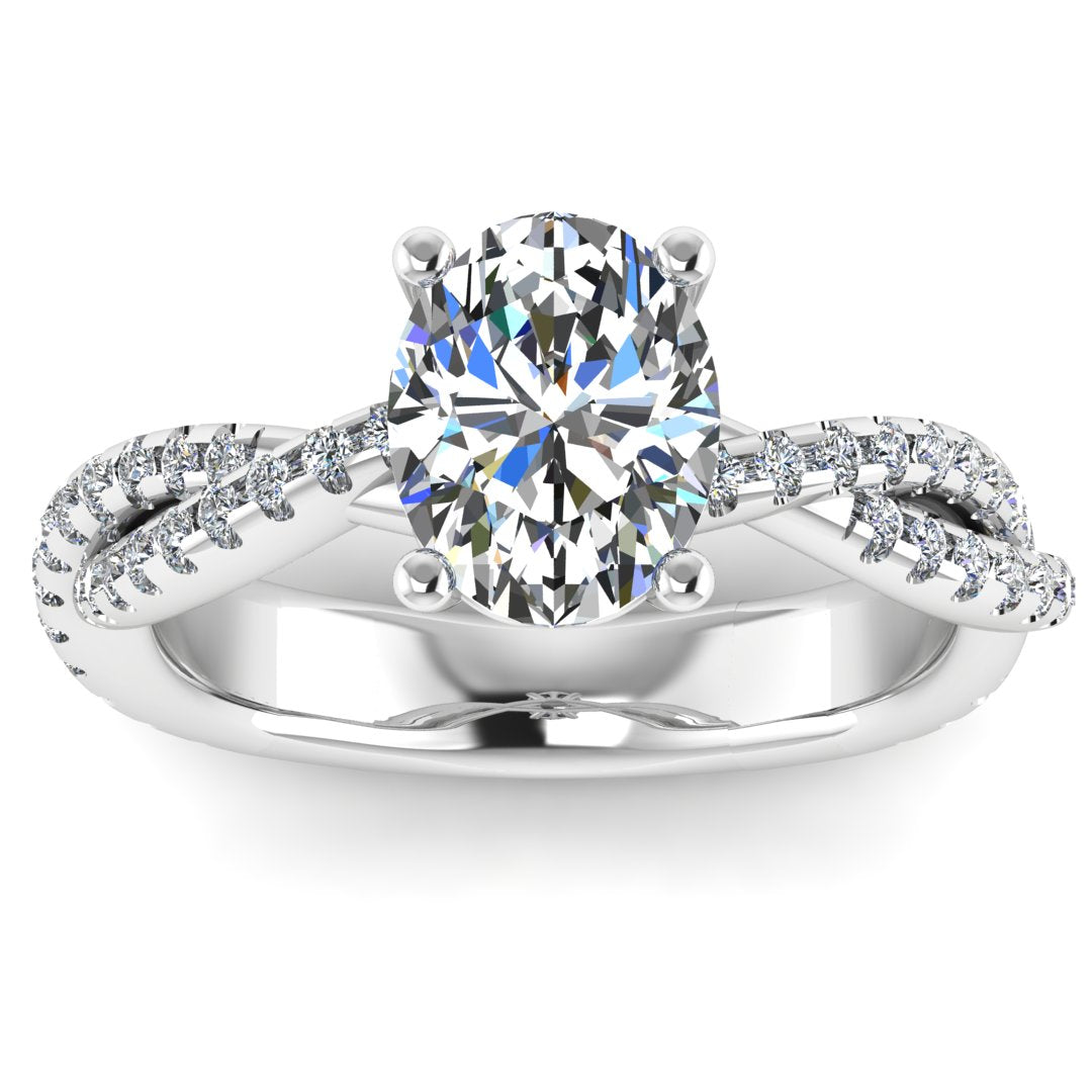 SOPHIA - Lab-Grown Oval Cut Diamond Twisted Diamond Shoulders ring by Harrogate Jewellers, featuring a large oval-cut earth mined diamond, intricately set in white gold with a twist design of smaller diamonds along the band.