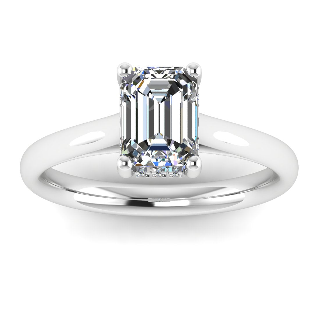 Harrogate Jewellers' MADELINE lab-grown emerald cut solitaire ring with hidden diamonds, set in platinum. Perfect for bespoke Yorkshire engagement and Earth-mined diamond wedding rings.