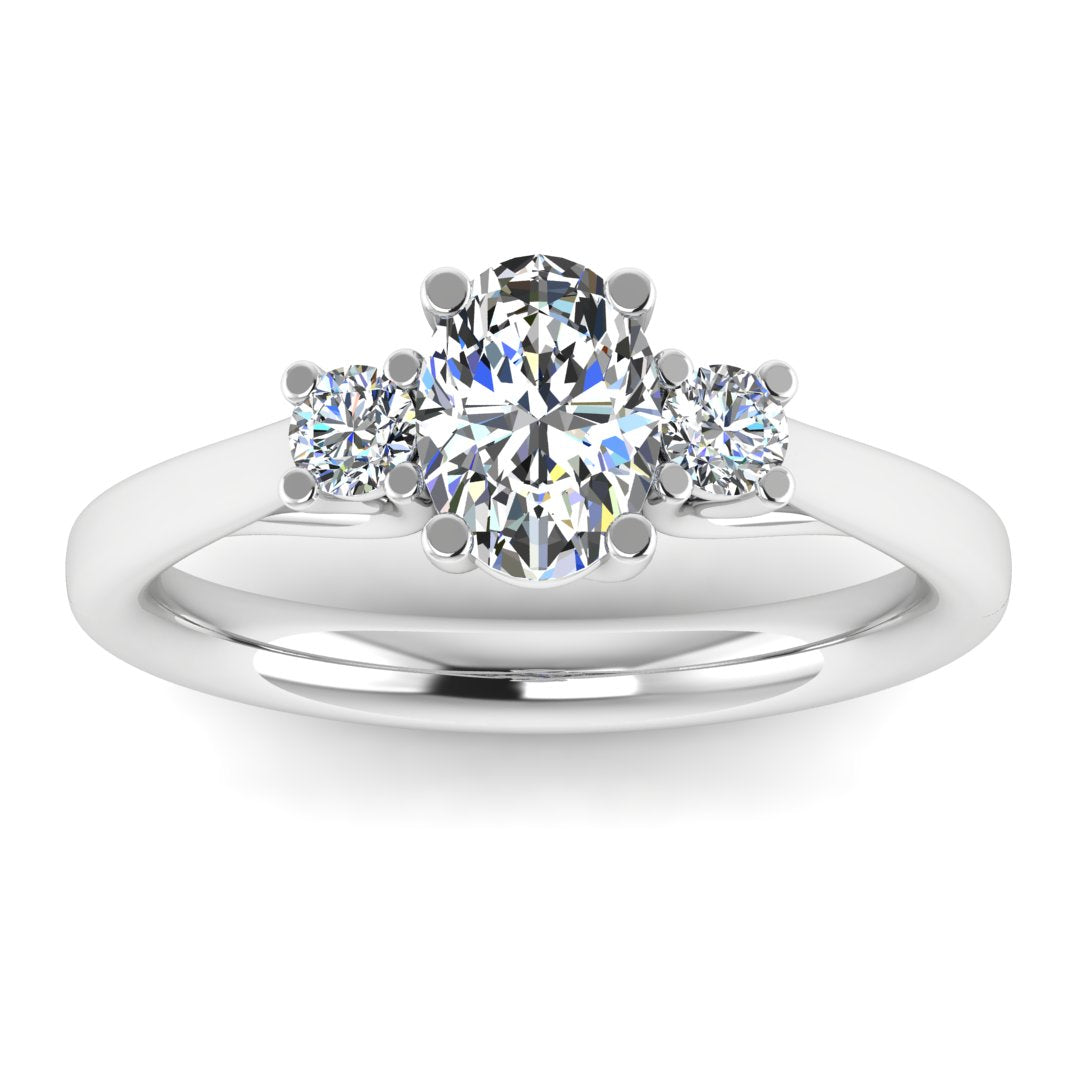 Harrogate Jewellers' GEORGIE Oval Trilogy Engagement Ring with 2.00ct lab grown diamond center and two round side diamonds, crafted in white gold.