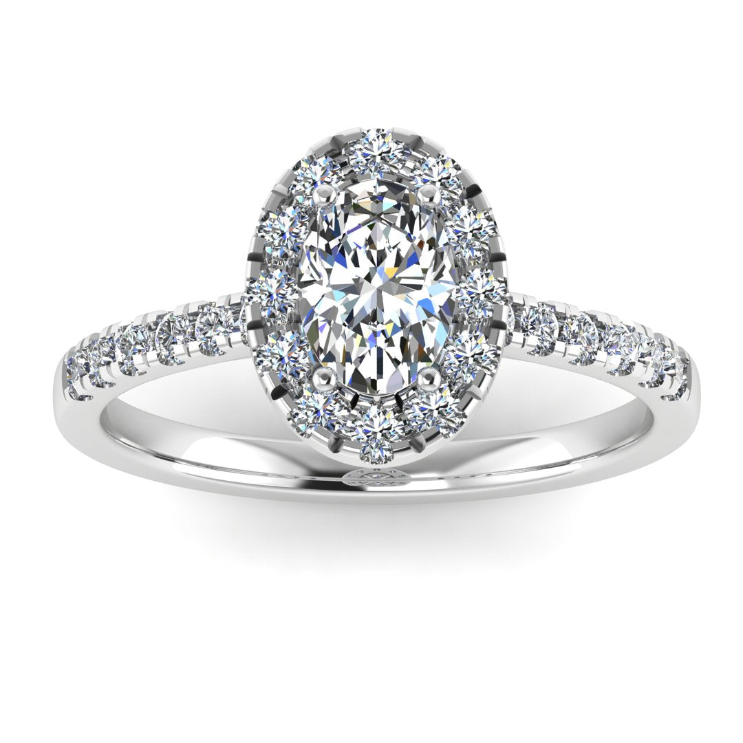 Harrogate Jewellers' GRACE lab-grown oval cut diamond halo ring, bespoke white gold engagement ring with Earth mined diamonds, popular wedding ring in Yorkshire.
