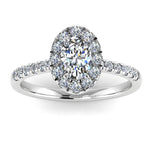 Harrogate Jewellers' GRACE lab-grown oval cut diamond halo ring, bespoke white gold engagement ring with Earth mined diamonds, popular wedding ring in Yorkshire.