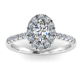 Harrogate Jewellers' GRACE lab-grown oval cut diamond halo ring, bespoke white gold engagement ring with Earth mined diamonds, popular wedding ring in Yorkshire.