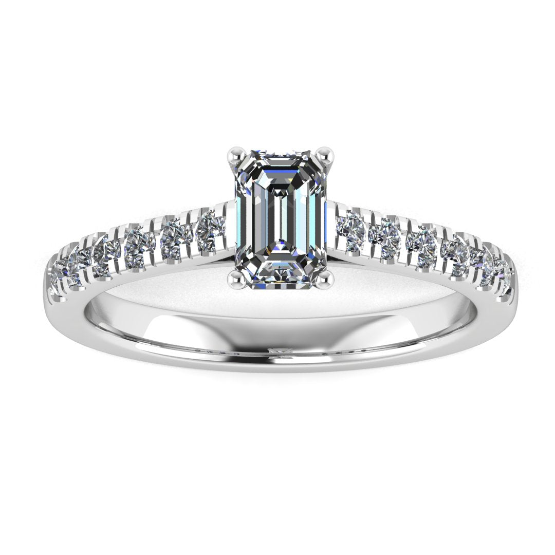 Harrogate Jewellers lab-grown emerald cut diamond ring, with classic diamond set shoulders in platinum, bespoke engagement ring from Yorkshire.