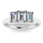Harrogate Jewellers Lab-Grown Emerald Cut Diamond Trilogy Ring in white gold, featuring three meticulously cut diamonds, symbolizing past, present, and future. Perfect for bespoke Yorkshire engagement and wedding rings.