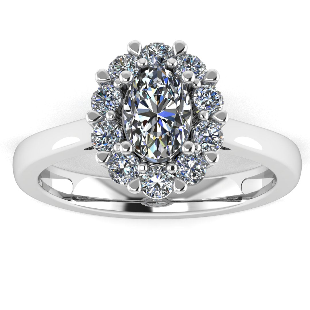 Harrogate Jewellers' EDITH engagement ring, featuring an oval cut lab-grown diamond surrounded by a floral halo of Earth Mined Diamonds, on a white gold band