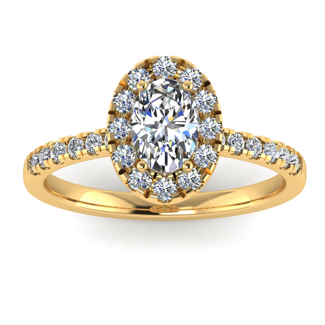 Harrogate Jewellers' GRACE - Lab-Grown Oval Cut Diamond Halo Ring, bespoke engagement ring with platinum band set against white background, Yorkshire.