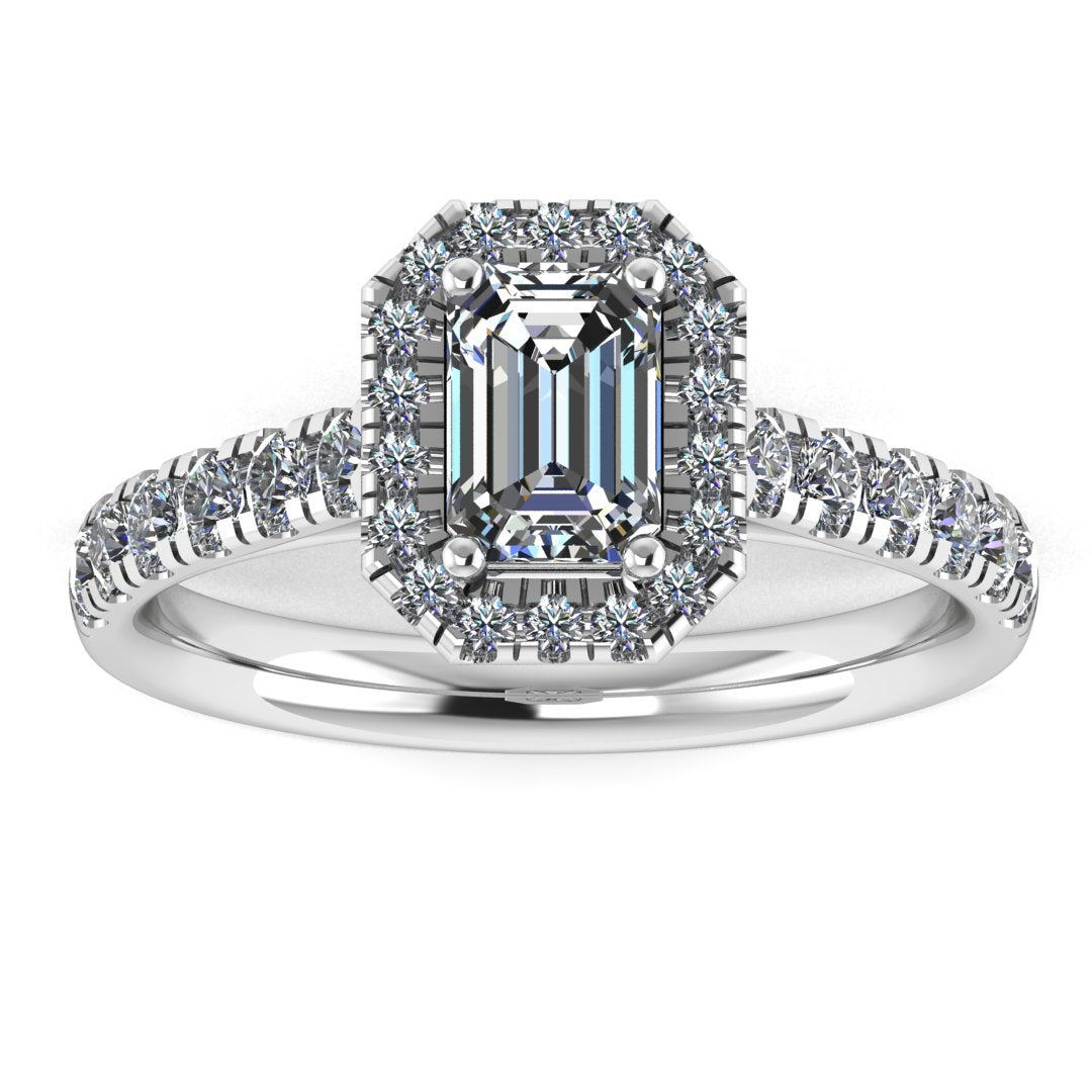 Harrogate Jewellers' CONNIE engagement ring featuring a lab-grown emerald cut diamond halo in white gold, bespoke jewellery from Yorkshire.