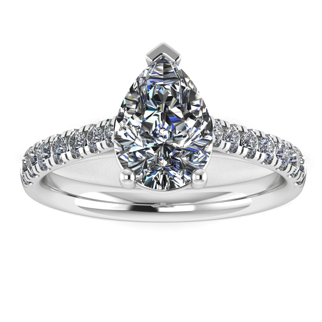 Harrogate Jewellers' SOLANA lab-grown diamond ring with classic pear cut and diamond set shoulders, made from white gold, for bespoke engagement and wedding jewellery in Harrogate Yorkshire.