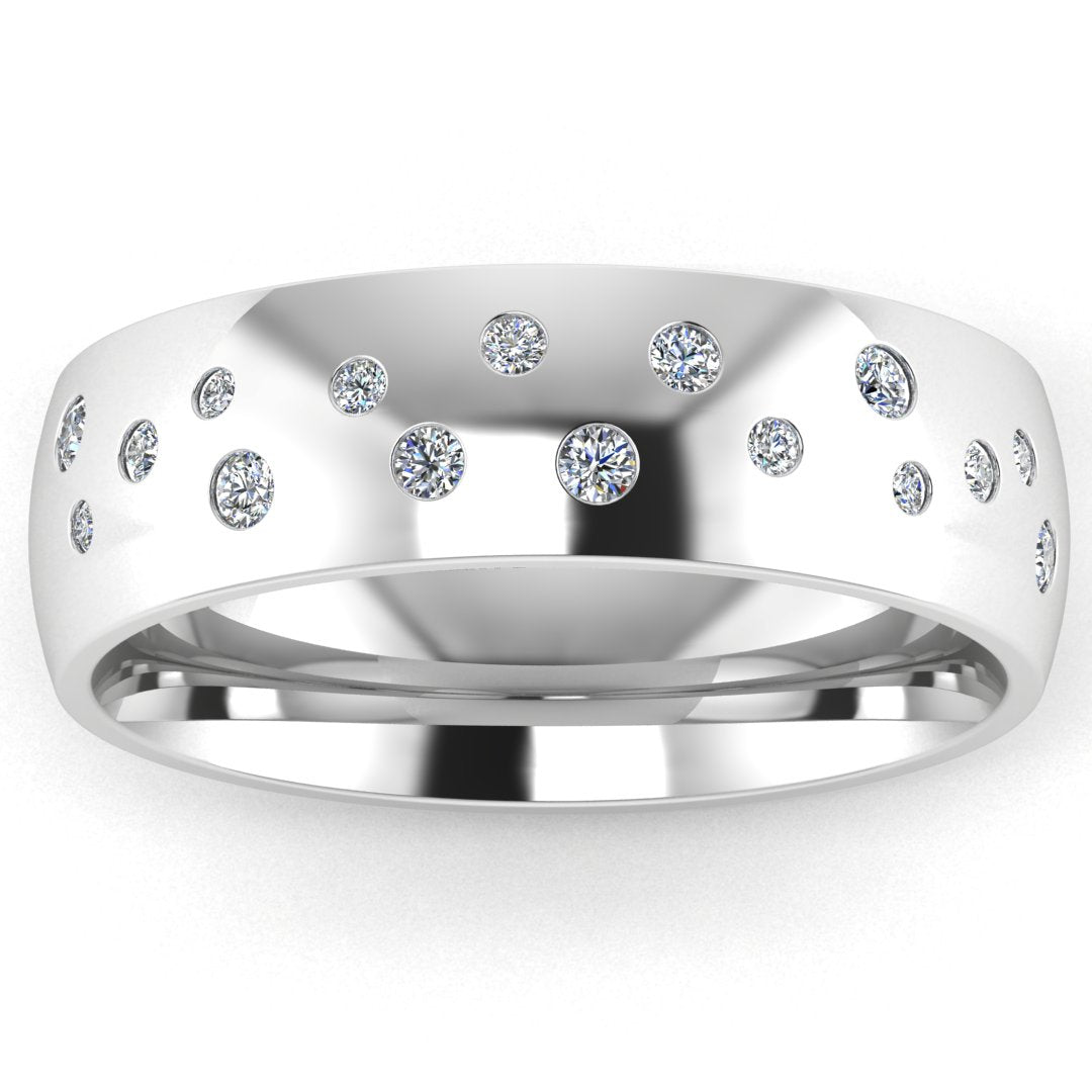 Harrogate Jewellers' Scattered Flush Set Diamond Band 6mm, an engagement ring with clear, brilliant earth mined diamonds set in platinum or white gold, bespoke jewellery from Yorkshire.