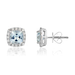 Cushion Cut Aquamarine and Diamond Cluster Earrings by Harrogate Jewellers, set in white gold with vibrant blue aquamarines and earth mined diamonds, bespoke Yorkshire jewellery