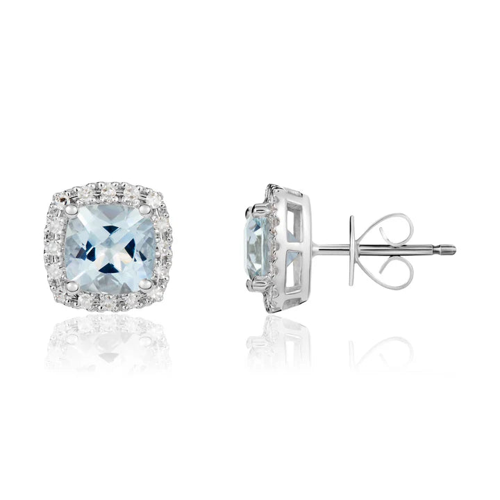 Cushion Cut Aquamarine and Diamond Cluster Earrings by Harrogate Jewellers, set in white gold with vibrant blue aquamarines and earth mined diamonds, bespoke Yorkshire jewellery