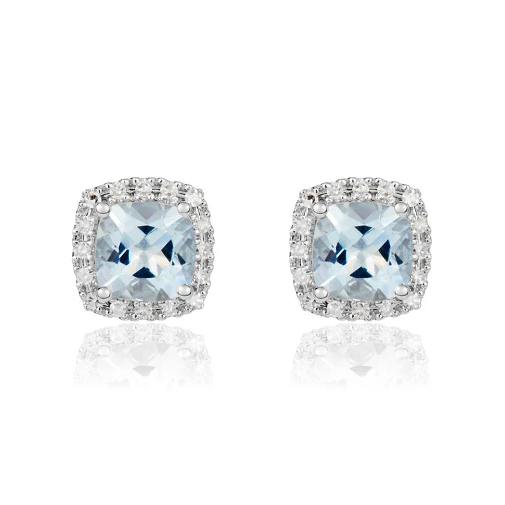 Cushion Cut Aquamarine and Diamond Cluster Earrings by Harrogate Jewellers, a timeless piece of bespoke jewellery crafted in white gold, perfect for Yorkshire wedding rings or engagement events.