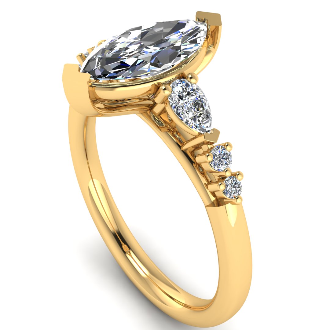 Harrogate Jewellers' platinum CATHERINE ring, showcasing a lab grown marquise cut diamond solitaire with mixed cut diamond shoulders, bespoke engagement ring design, Yorkshire.