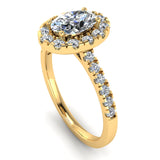 Harrogate Jewellers' GRACE lab-grown oval cut diamond halo engagement ring, with a diamond-set band in white gold, bespoke jewellery from Yorkshire.