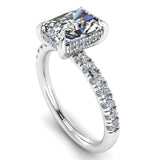 Radiant cut lab-grown diamond engagement ring from Harrogate Jewellers, set in platinum with diamond-encrusted shoulders and under halo, bespoke jewellery in Harrogate, Yorkshire.