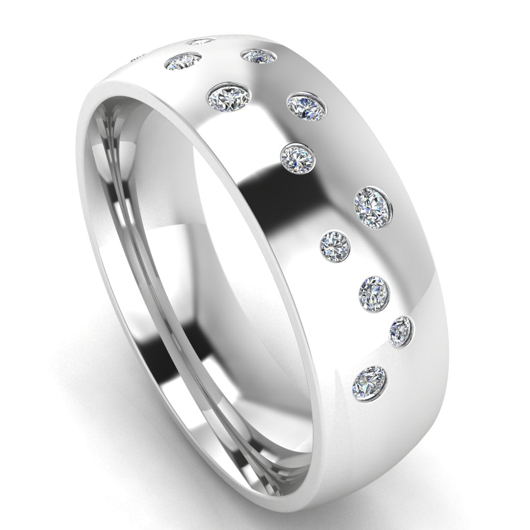 Harrogate Jewellers' Scattered Flush Set Diamond Band 6mm, featuring 16 round brilliant natural Earth Mined Diamonds, crafted in platinum or white gold for optimal shine and durability. Perfect for bespoke jewellery lovers in Harrogate, Yorkshire.