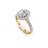 GRACE - Lab-Grown Oval Cut Diamond Halo Ring by Harrogate Jewellers, featuring a radiant oval cut diamond surrounded by a halo of smaller diamonds set in gold and white gold bands.