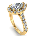 LUNA Lab-Grown Pear Cut Diamond Halo Ring by Harrogate Jewellers, featuring a row of smaller diamonds on a platinum band, perfect for engagement or wedding, Yorkshire bespoke jewellery.
