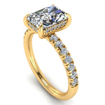 Harrogate Jewellers' lab-grown radiant cut diamond engagement ring, with set shoulders and under halo, displayed on a white gold band, bespoke jewellery from Yorkshire.