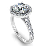 Harrogate Jewellers' DELPHINE lab-grown diamond ring, showcasing a brilliant round cut surrounded by a diamond halo, set in platinum, perfect for Yorkshire bespoke jewellery lovers.