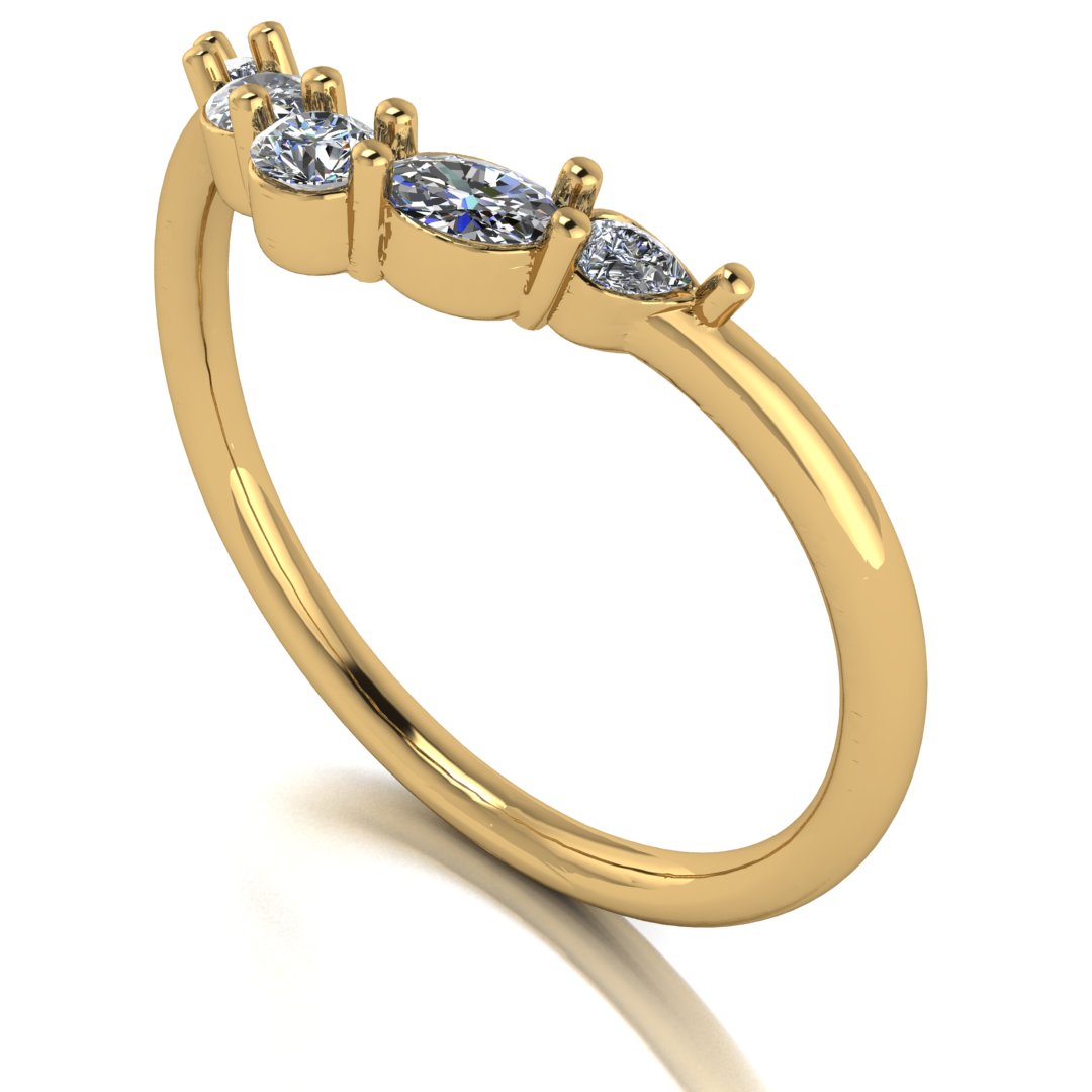 Harrogate Jewellers' Mixed Cut Shaped Diamond Curve Band, luxurious 18ct yellow gold ring with pear, oval, and round brilliant cut diamonds against a white background.