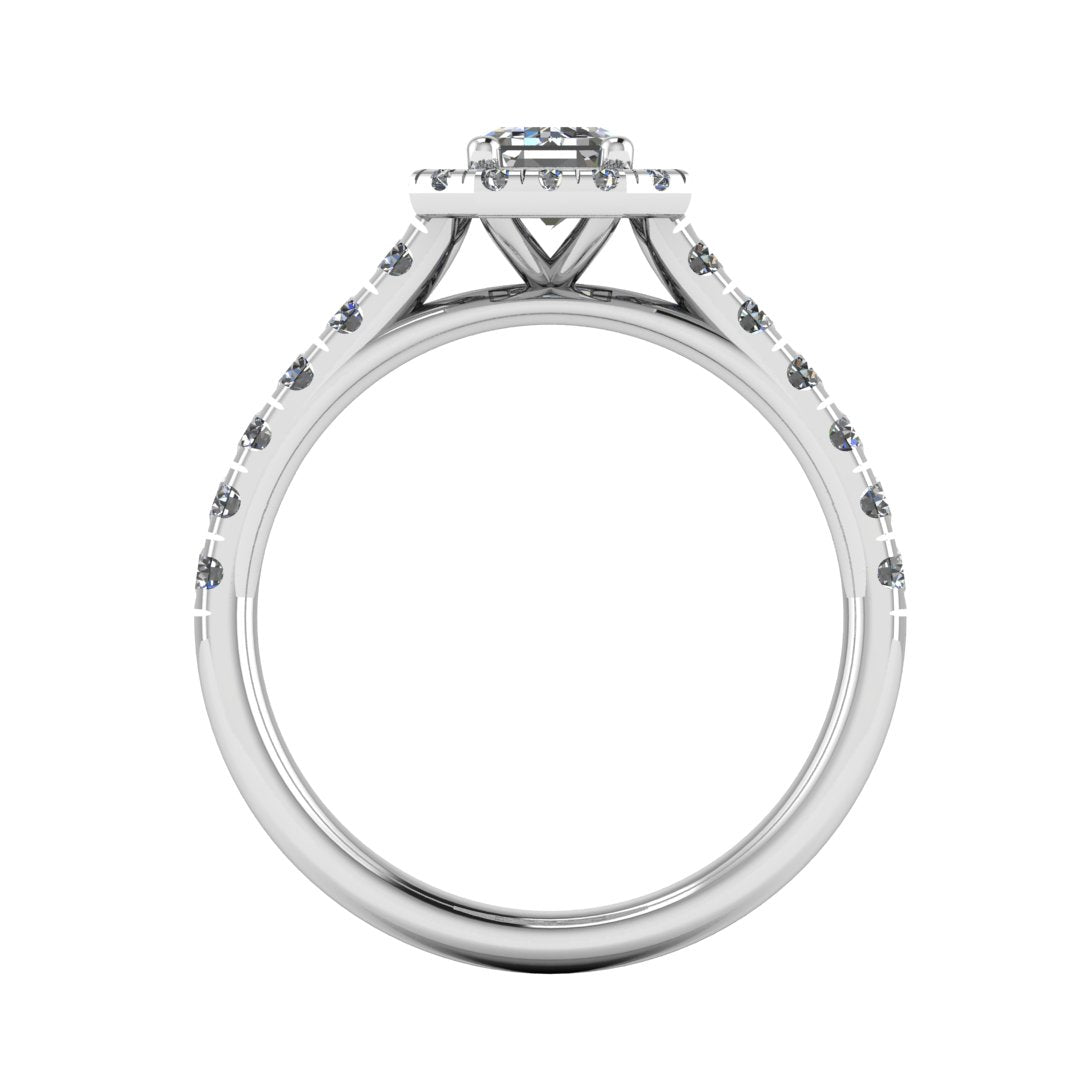 Harrogate Jewellers' CONNIE Lab-Grown Emerald Cut Diamond Halo Ring in platinum, bespoke engagement ring with a halo of Earth Mined Diamonds, wedding ring from Yorkshire.