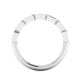 Emerald Cut Rubover Eternity 7-Stone Diamond Ring by Harrogate Jewellers, showcasing bezel set Earth Mined Diamonds on a platinum band, bespoke Yorkshire jewellery.