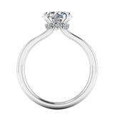 Harrogate Jewellers' EMILIA engagement ring featuring a lab-grown round brilliant cut diamond with under halo design, set in platinum on a white background.