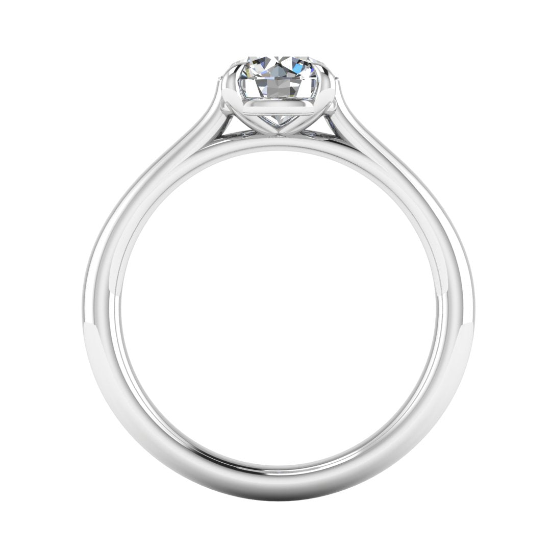 Close-up view of Harrogate Jewellers' MOLLY low set lab-grown diamond solitaire engagement ring in platinum, set on a white background