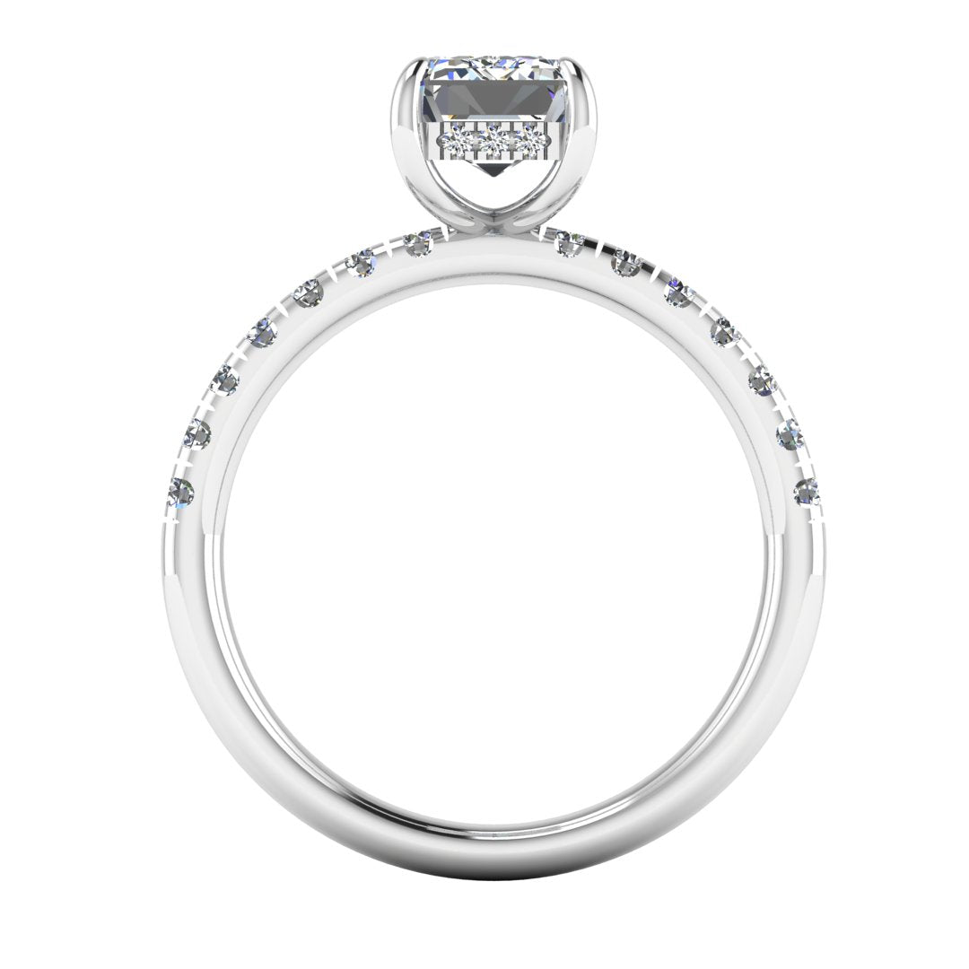 Emerald cut lab grown diamond engagement ring with hidden halo by Harrogate Jewellers. Bespoke jewellery, Earth Mined Diamonds Wedding Ring in Yorkshire, crafted in platinum.