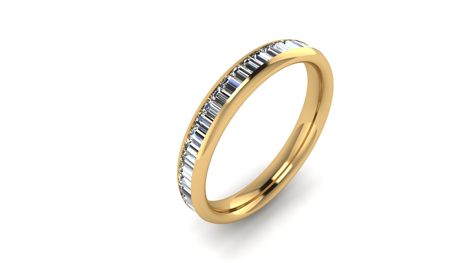 Harrogate Jewellers Baguette Cut Half Set Diamond Eternity Ring, ideal for wedding or engagement, crafted in 18ct yellow gold, rose gold or platinum, featuring 21 bespoke channel-set diamonds