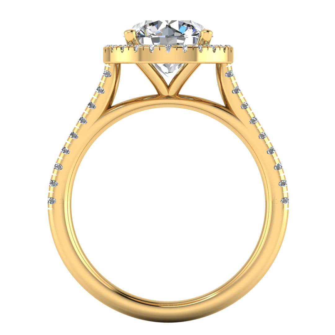 Harrogate Jewellers' lab-grown diamond engagement ring, featuring a classic round brilliant cut diamond with a halo setting on a platinum band, bespoke jewellery from Yorkshire.