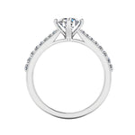 Harrogate Jewellers' MELODY Platinum Engagement Ring featuring a 1.00ct lab-grown round brilliant cut diamond, detailed diamond set band, and four-claw setting.