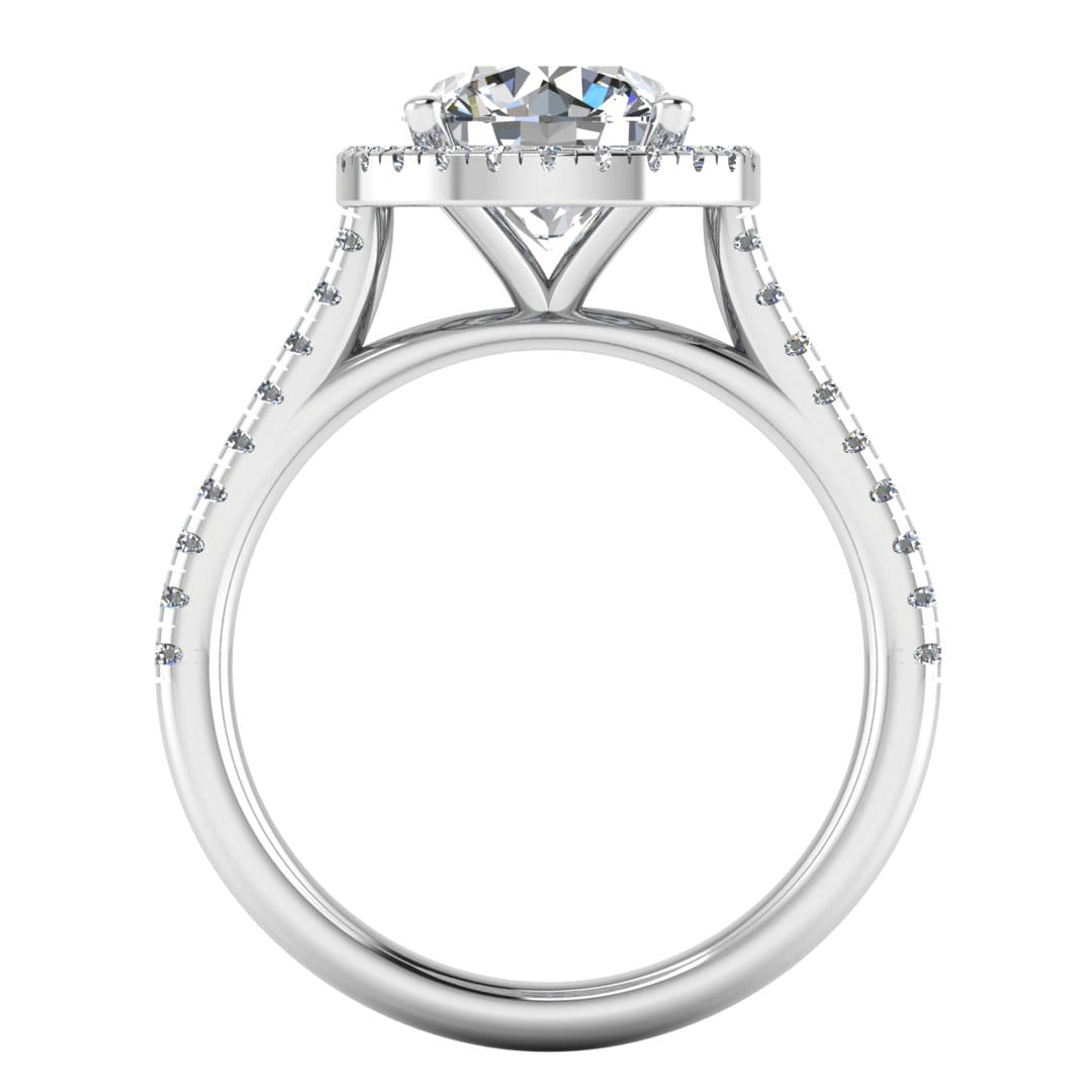 Lab-grown round brilliant cut diamond halo ring from Harrogate Jewellers, ideal for bespoke, Yorkshire engagement or wedding. Platinum band embellished with smaller diamonds.