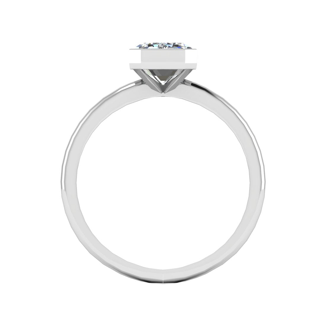 Harrogate Jewellers' Vivienne engagement ring with lab-grown emerald cut diamond, bezel set on a platinum band, Earth Mined Diamonds Wedding Rings, bespoke jewellery from Yorkshire.